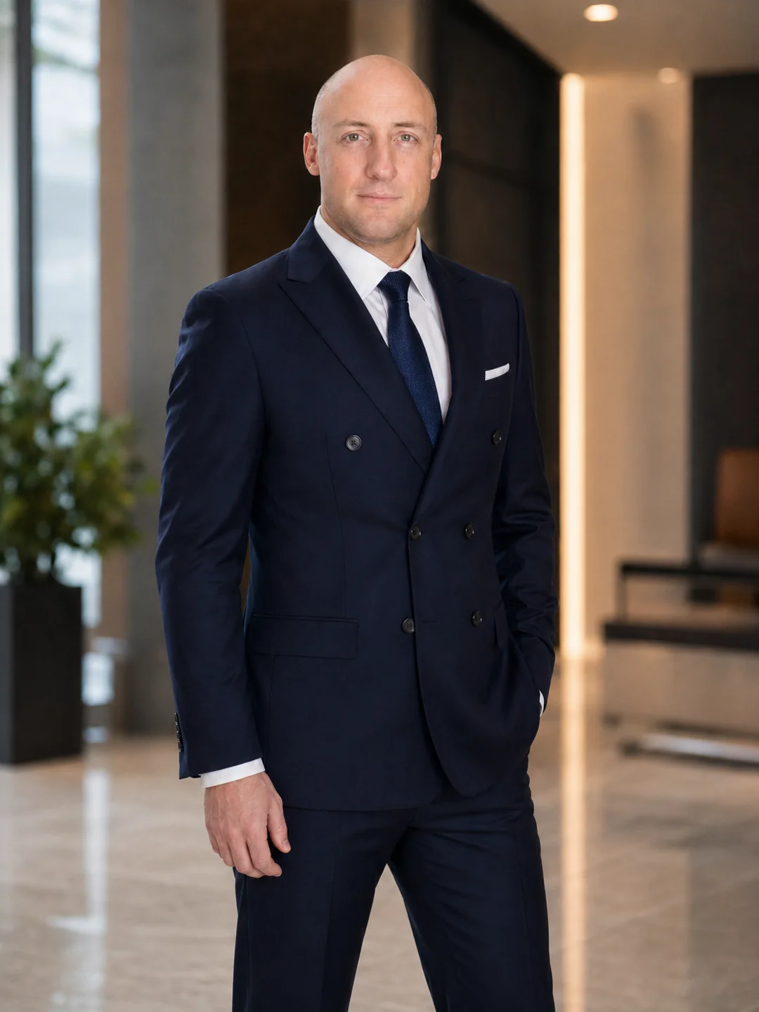 Aaron DeYoung, founder of Echelon Seven, in a navy double-breasted executive suit